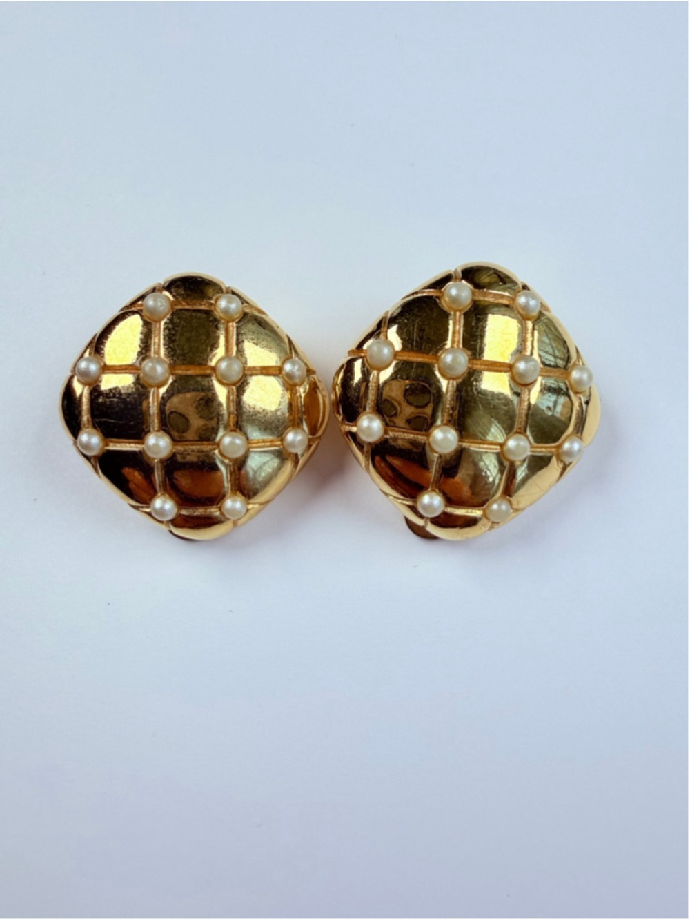 Givenchy Runway Diamond Quilted Seed Pearl Clip On Square Gold Vintage Earrings